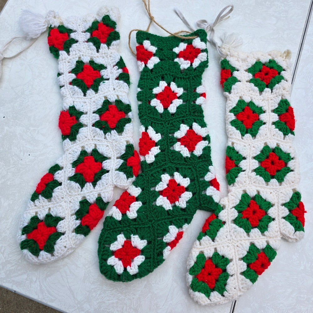Homemade Christmas Stocking Set Red Green White Crochet Granny Square Retro